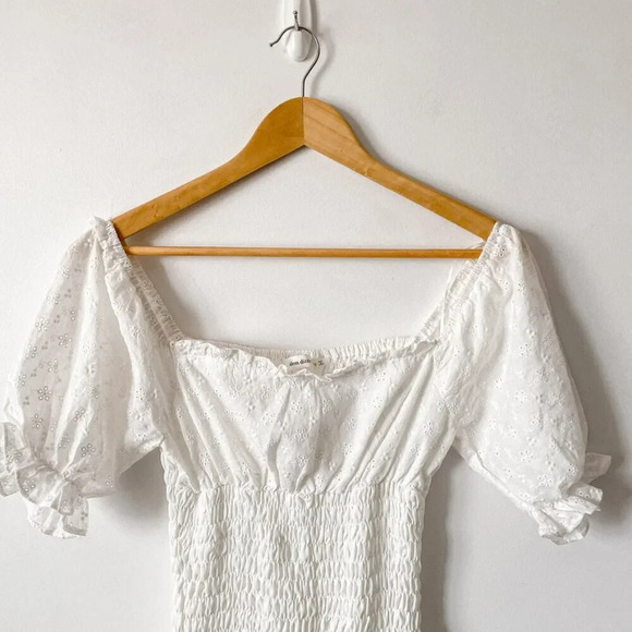 Idem Ditto Smocked Ruffle Eyelet Mini Dress White Size  Small - Picture 2 of 5